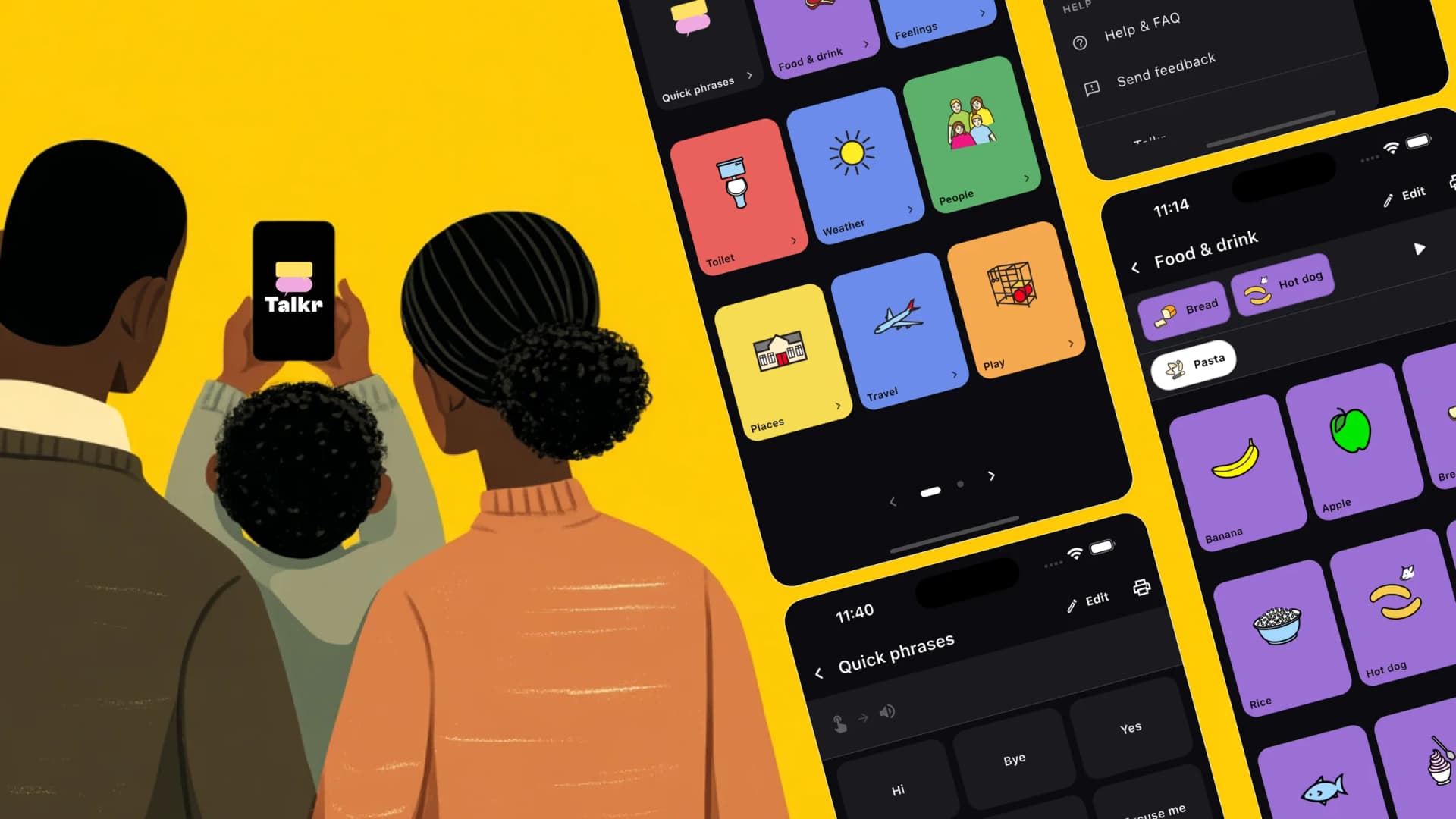 A family using Talkr together, with the app's picture boards alongside