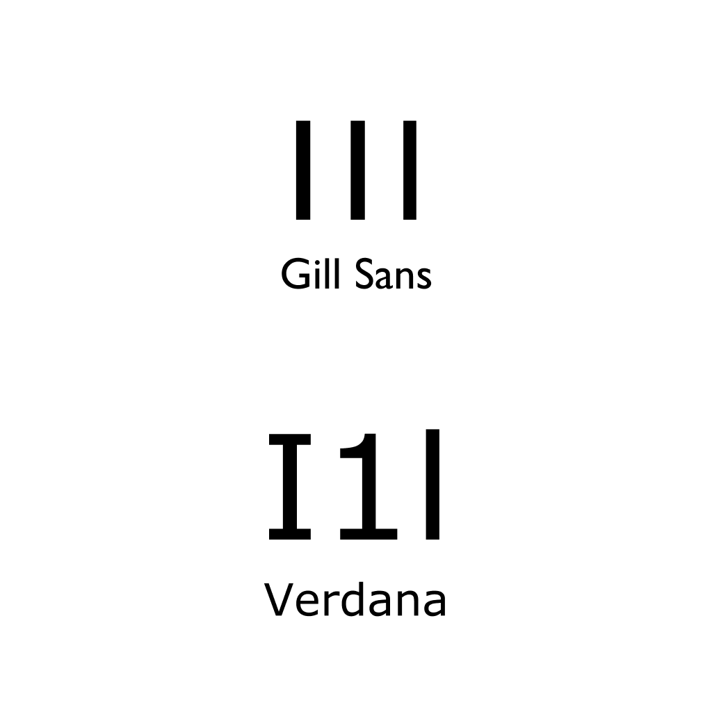 Comparison showing how similar letter shapes like I, 1, and l look in different fonts