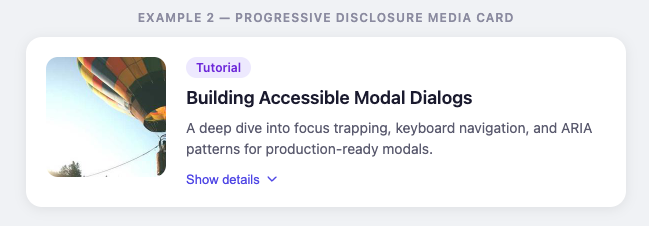 Example of a horizontal media card with progressive disclosure